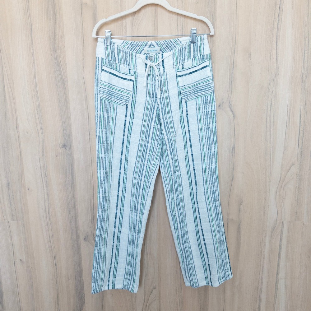 Sundance Womens Striped Pants XS White Green Textured Button Fly Coastal Boho